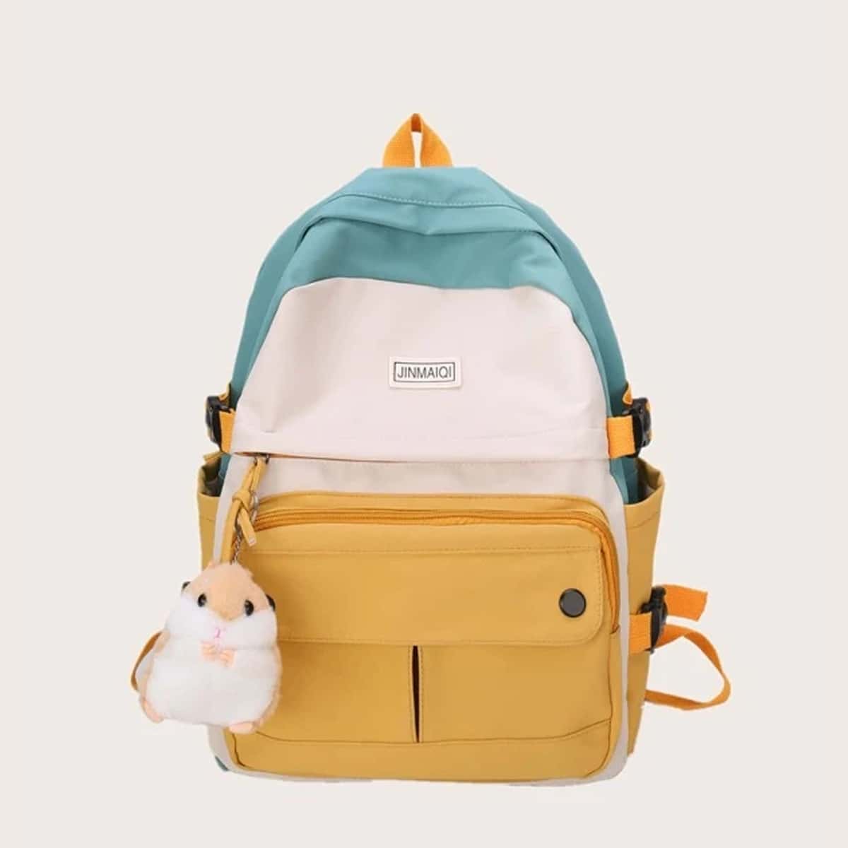 

Colorblock Backpack with Cartoon Charm, Multicolor