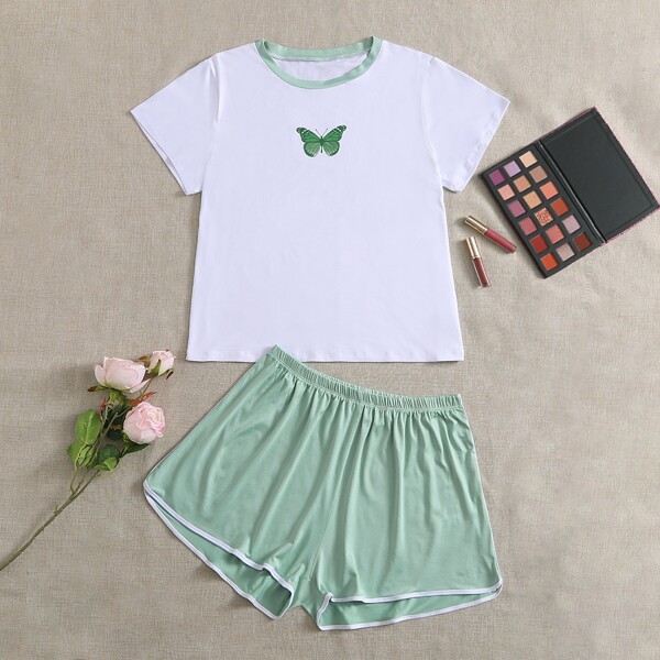 

Plus Butterfly Print Tee With Shorts PJ Set, Multicolor