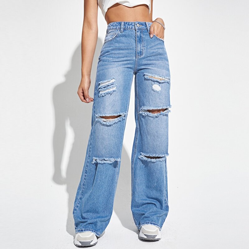 

Slant Pocket Ripped Wide Leg Jeans, Medium wash