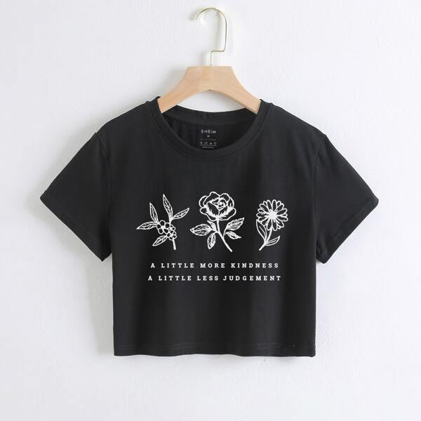 

Floral & Slogan Graphic Tee, Black