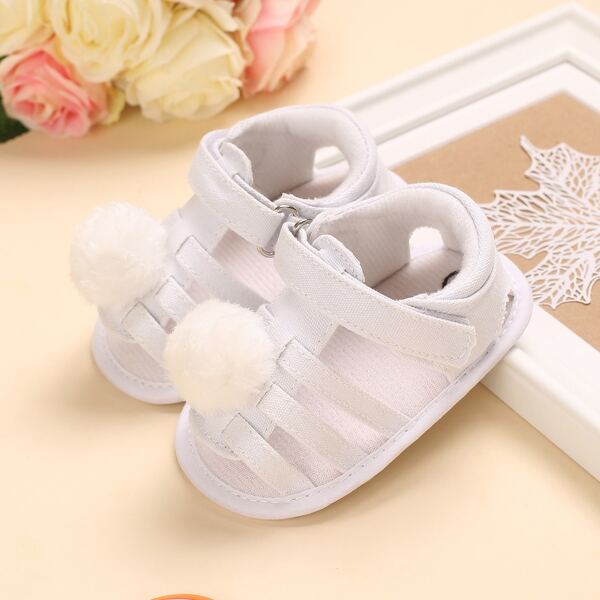 

Baby Girl Pom Pom Decor Velcro Strap Sandals, White