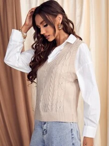 SHEIN Unity Cable Knit Sweater Vest Without Blouse - Apricot - View 3