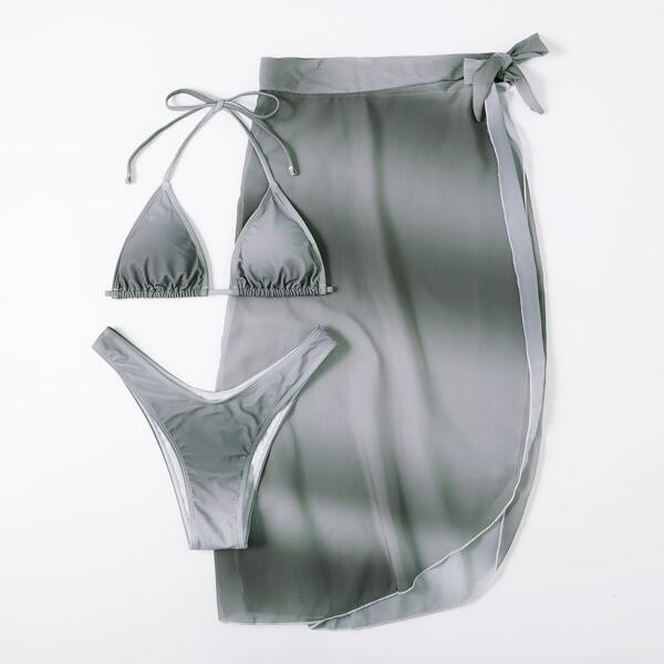

3pack Solid Triangle High Cut Bikini Swimsuit & Beach Skirt, Dark grey