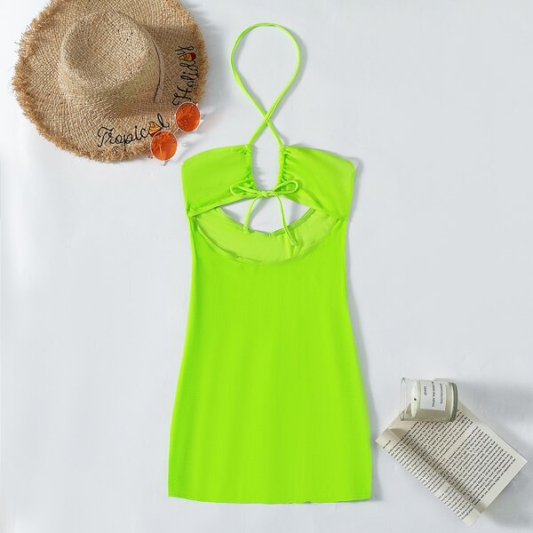 

Solid Halter Sheer Mesh Cover Up, Lime green