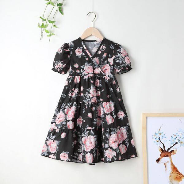 

Toddler Girls Floral Print Surplice Front Dress, Multicolor