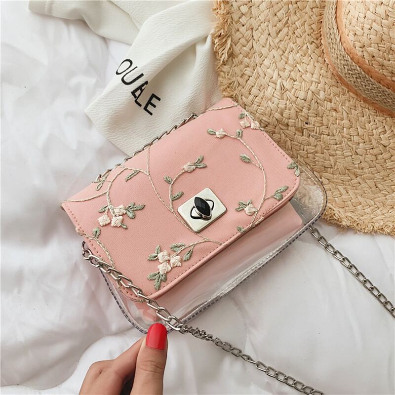 

Flower Embroidered Chain Shoulder Bag, Baby pink