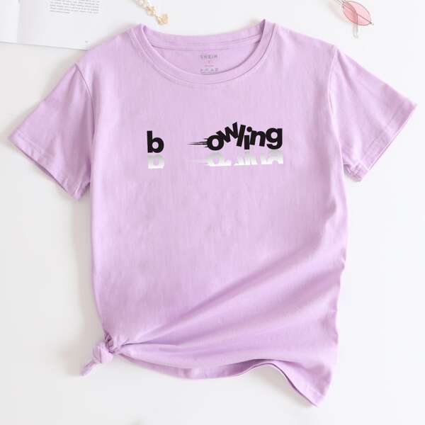 

Solid Letter Print Round Neck Tee, Lilac purple