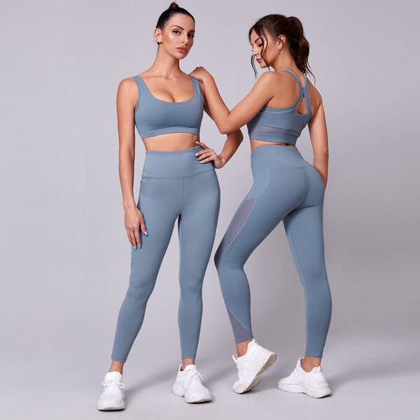 

Mesh Insert Cut Out Back 1pc Sports Bra & 1pc Leggings, Dusty blue