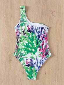 Allover Print Asymmetrical Neck One Piece Swimsuit, For Summer Beach Vacation - Multicolor - View 2