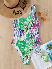 Allover Print Asymmetrical Neck One Piece Swimsuit, For Summer Beach Vacation - Multicolor - View 3