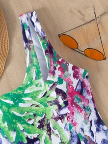 Allover Print Asymmetrical Neck One Piece Swimsuit, For Summer Beach Vacation - Multicolor - View 5