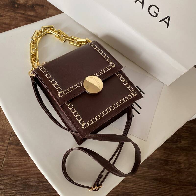 

Stitch Trim Chain Satchel Bag, Coffee brown
