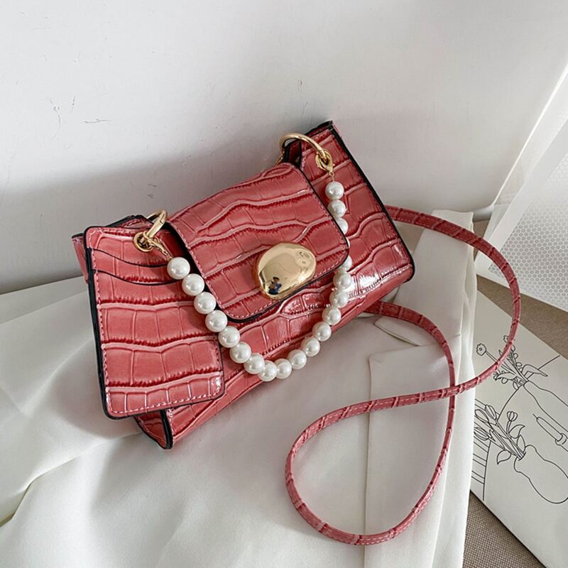

Croc Embossed Faux Pearl Decor Satchel Bag, Red