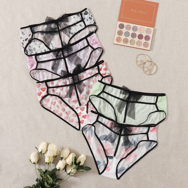 

5pack Plus Mix Pattern Bow Decor Panty Set, Multicolor