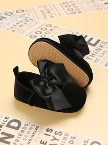 1pair Baby Girls' Velvet Flat Shoes With Bow Decoration - Black - View 2