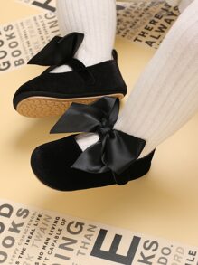 1pair Baby Girls' Velvet Flat Shoes With Bow Decoration - Black - View 3