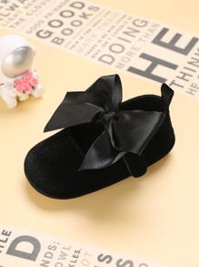 1pair Baby Girls' Velvet Flat Shoes With Bow Decoration - Black - View 5