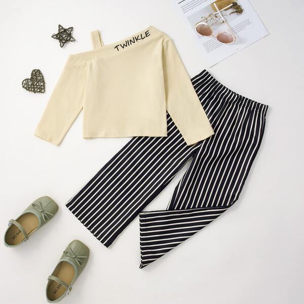 

Toddler Girls Asymmetrical Neck Letter Graphic Top & Striped Pants, Multicolor