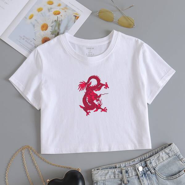 

Chinese Dragon Graphic Short Sleeve Crop Tee, White