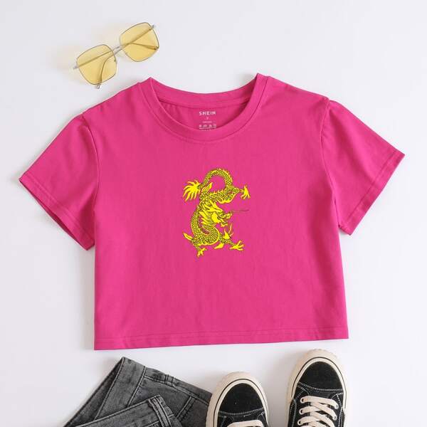 

Chinese Dragon Print Crop Tee, Hot pink