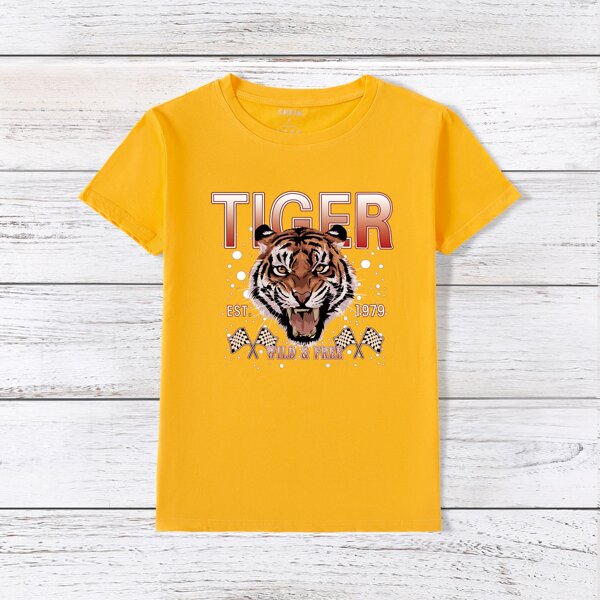 

Letter & Tiger Print Tee, Yellow