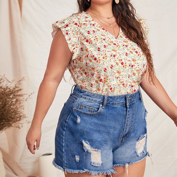 

Plus Ditsy Floral V-Neck Ruffle Trim Blouse, Multicolor