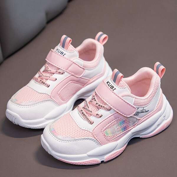 

Girls Letter Graphic Mesh Panel Sneakers, Pink