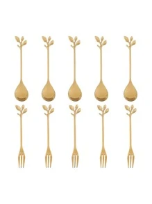 X WOTP 10pcs/Set Leaf Design Spoon & Fork, Small Gold Dessert Spoon And Fork For Dining