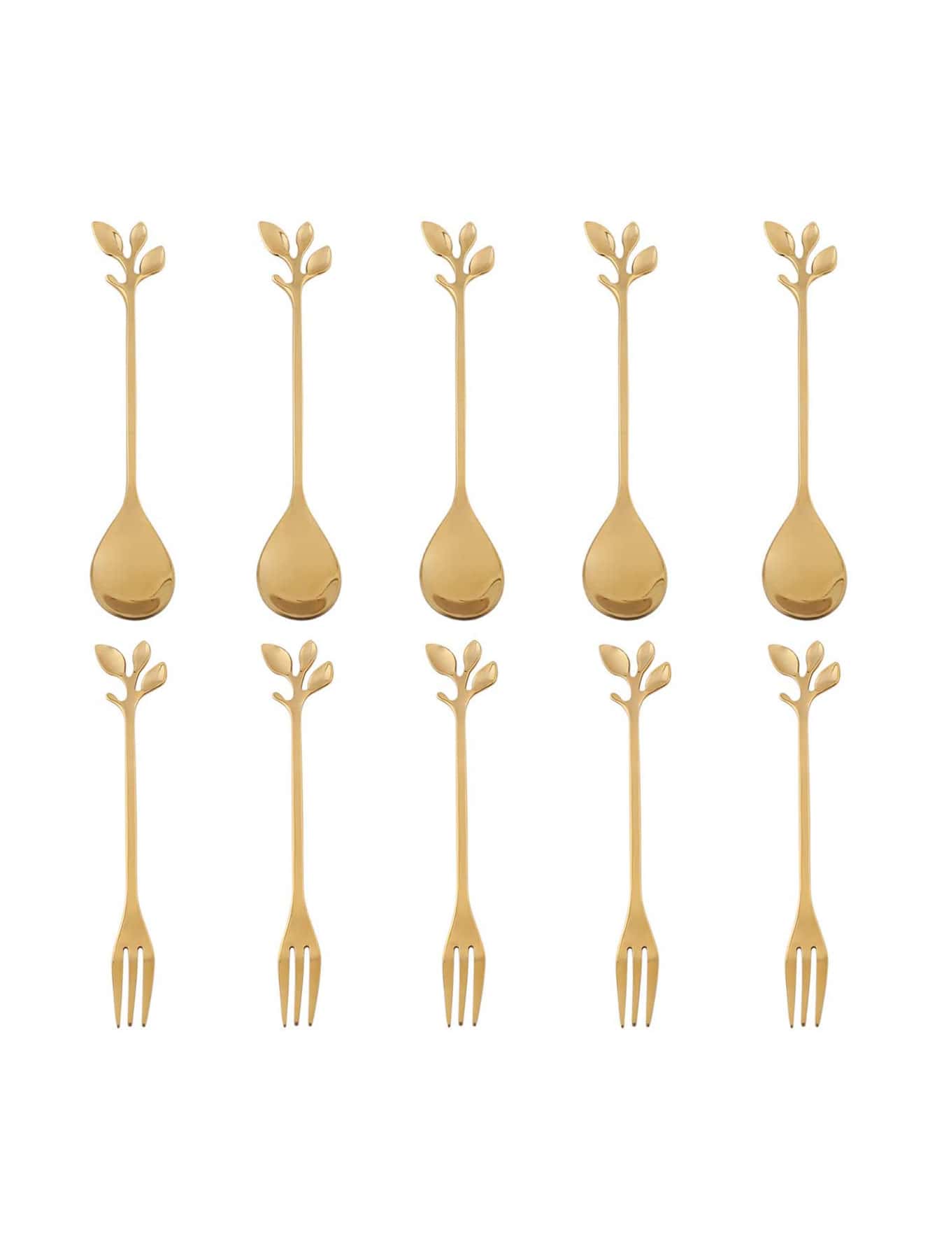 X WOTP 10pcs/Set Leaf Design Spoon & Fork, Small Gold Dessert Spoon And Fork For Dining