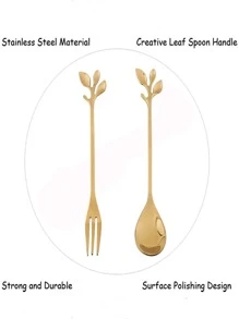 X WOTP 10pcs/Set Leaf Design Spoon & Fork, Small Gold Dessert Spoon And Fork For Dining