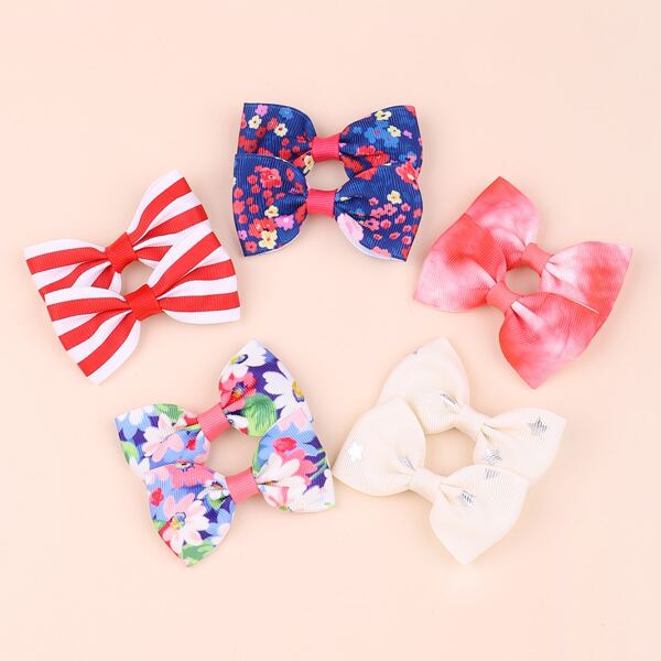 

10pcs Toddler Girls Flower Print Bow Decor Hair Clip, Multicolor