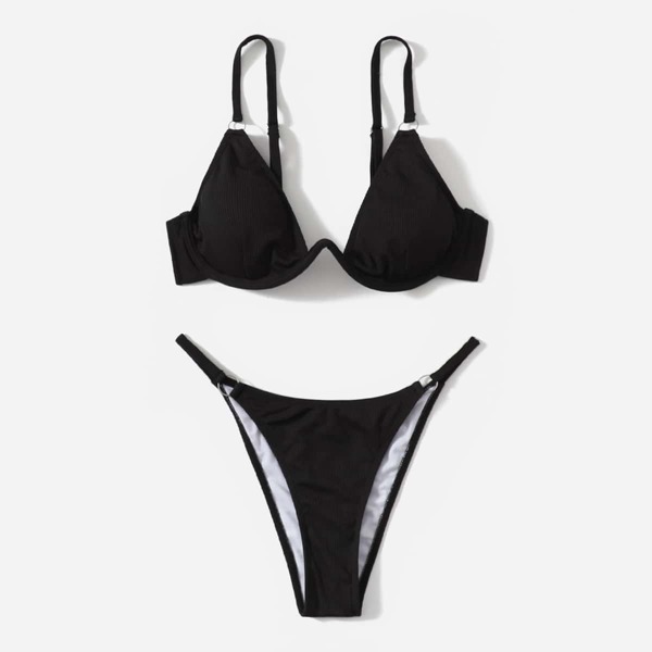 

Solid Push Up Thong Bikini Swimsuit, Black