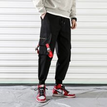 Guys Flap Pocket Buckle Ribbon Cargo Pants