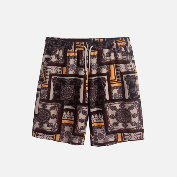 

Men Patchwork And Scarf Print Drawstring Waist Shorts, Multicolor