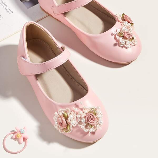 

Girls Floral Decor Velcro Strap Flats, Pink