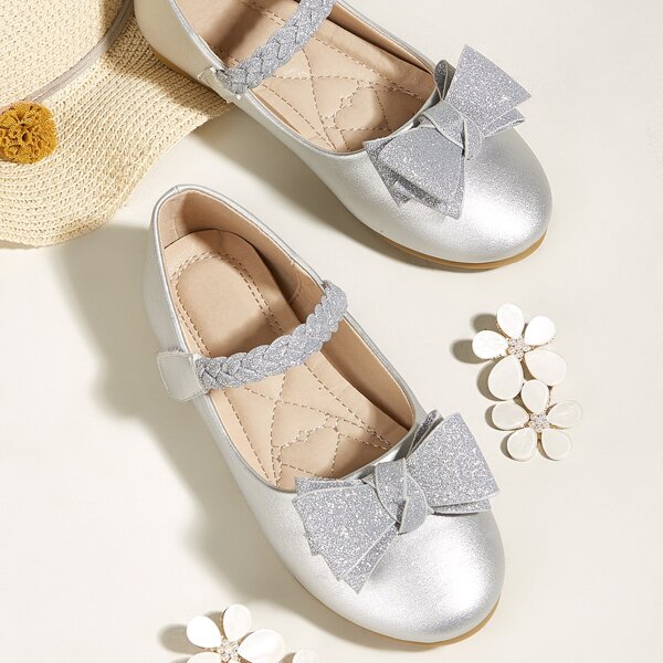 

Girls Metallic Bow Decor Velcro Strap Flats, Silver