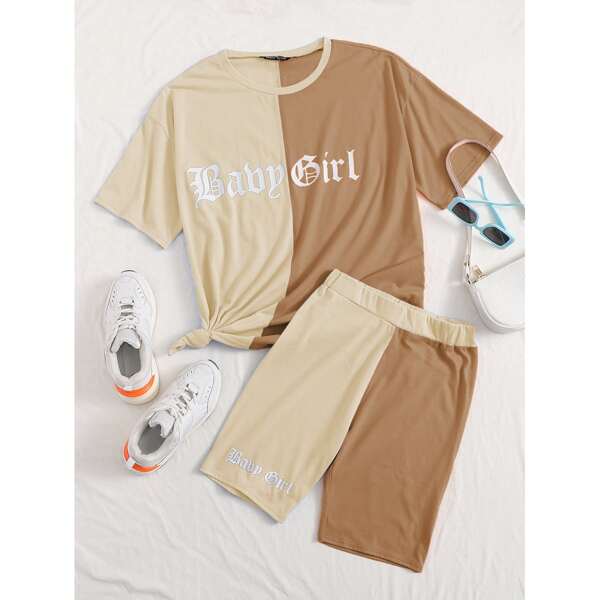

Two Tone Letter Graphic Tee With Biker Shorts, Multicolor
