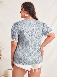 Plus Ditsy Floral Contrast Lace Puff Sleeve Blouse - Multicolor - View 2