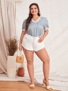 Plus Ditsy Floral Contrast Lace Puff Sleeve Blouse - Multicolor - View 4