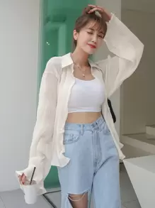 DAZY 素色紋理質感半透明襯衫 - 米色 - 查看 1