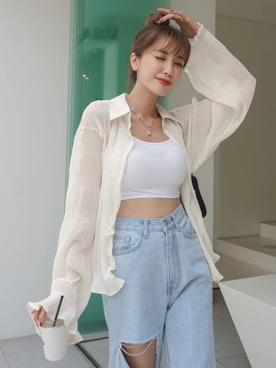 DAZY 素色紋理質感半透明襯衫 - 米色 - 查看 1