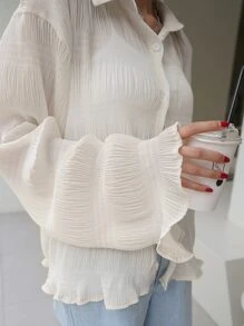 DAZY 素色紋理質感半透明襯衫 - 米色 - 查看 3