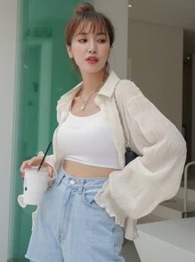 DAZY 素色紋理質感半透明襯衫 - 米色 - 查看 4