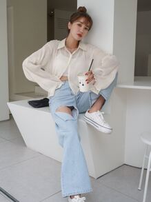 DAZY 素色紋理質感半透明襯衫 - 米色 - 查看 5