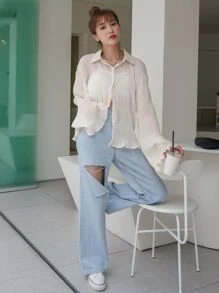 DAZY 素色紋理質感半透明襯衫 - 米色 - 查看 6