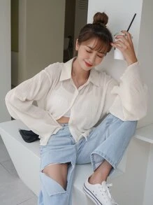 DAZY 素色紋理質感半透明襯衫 - 米色 - 查看 7