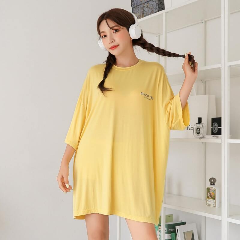 

House And Letter Graphic Drop Shoulder Nightdress, Yellow
