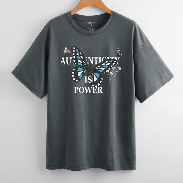 

Butterfly & Slogan Graphic Tee, Dark grey