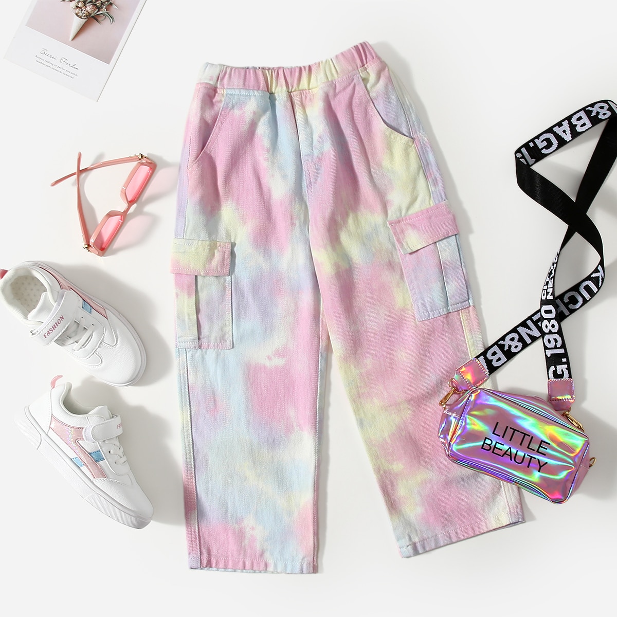 Боковые джинсы для девочек с принтом тай-дай