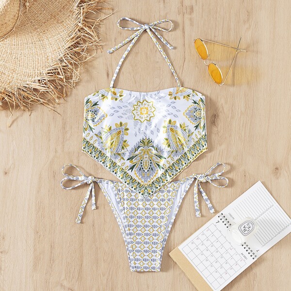 

Hanky Hem Halter Tie Side Bikini Swimsuit, Multicolor